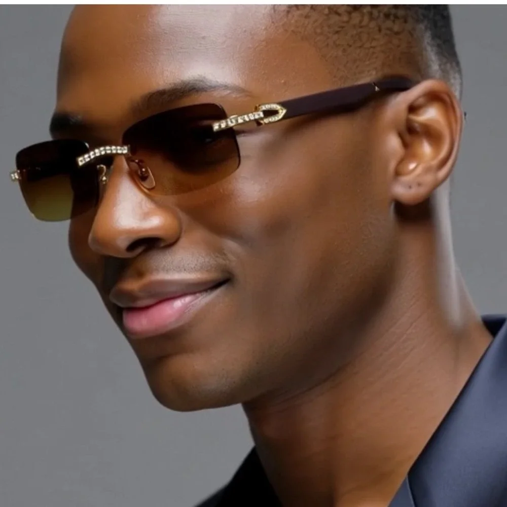 Rimless Sunglasses Gold Rhinestone Wood Arms Brown Lens Men Hip Hop Square Style